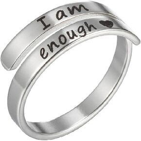 HUASAI I am Enough Ring for Women Stainless Steel Inspirational Ring Silver Encouragement Ring Adjustable Statement Ring for Girls