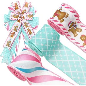 3 Rolls Christmas Wired Edge Pink Blue Plaid Stripe Gingerbread Fabric Craft Ribbon for Wreath Bow Making DIY Wrapping Supplies, 18 Yards