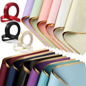 Teling 120 Sheets Double Sided Golden Flower Wrapping Paper and 3 Rolls Polyester Ribbon with Gold Border Waterproof Korean Floral Bouquet Wrapping Paper for DIY Craft Gift Wedding Package Decoration