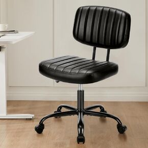 Sweetcrispy Small Office Desk Chair - Armless PU Leather with Comfy Lumbar Support, Height Adjustable Rolling Swivel Task for No Arms, for Adult, Student, Bedroom, Home, Vanity