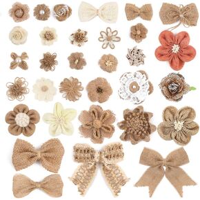 VGOODALL 32 PCS Natural Burlap Flowers Set, Burlap Bows and Scrapbook Embellishments for Wedding Party Decor Home, Embellishments for Crafts