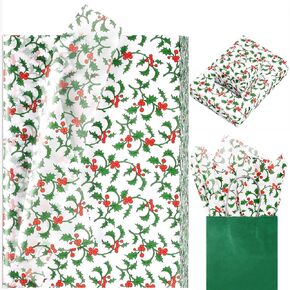 100 Sheets Christmas Berry Tissue Paper for Gift Bags, Red Berries Holy Leaves Printed Gift Wrapping Tissue for Xmas Winter Holidays New Year DIY Crafts