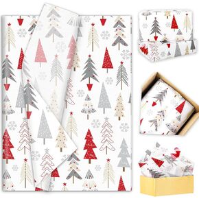JarThenaAMCS 60 Sheets Christmas Tissue Paper Silver Xmas Tree Gift Wrapping Paper Red Silver Forest Decorative Art Paper for Winter Home Party DIY Crafts Supplies, 14 x 20 Inch