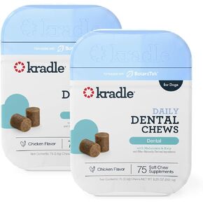 Kradle Daily Calming Dental Chews - Dental Chews & Stress-Relief Support for Dogs - Soft Calming Chews with Soothing Ingredients - for All Dog Breed & Sizes - 75 Count Jar, 2 Pack