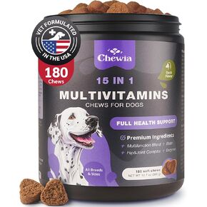 Dog Vitamins 15 in 1 - Dog Multivitamin Chews with MSM for Hip & Joint Health - Dog Supplement for Itchy Skin Relief - Multivitamin for Dogs Immune Support with Enzymes - Skin & Coat, Mobility Support
