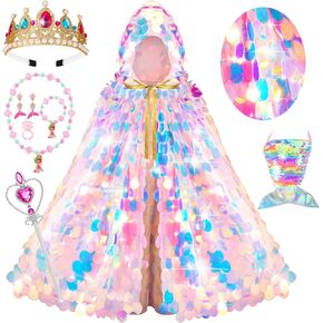 Princess Dress Up Cloak Princess Dress Up Clothes Mermaid Toys Rainbow Mermaid Princess Cloak Kit 9 Pcs Gift Set for Little Girls 3-8 Years Old, Great Gift Set for Birthday Christmas Halloween