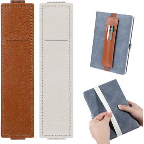 2Pcs Elastic Pen Holder for Notebook, Adjustable Pen Sleeve Pouch, PU Leather Pencil Case with Adjustable Band, Pencil Holder Case for Bible, Notebook, Planners, Binders and Books (Brown, Beige)