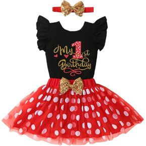 ATCTBOGFS Baby Girls 1st First Birthday Outfits Cotton Romper TuTu Skirt Set with Sequins Bowknot Headband 3Pcs
