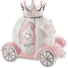 Baby Aspen Ceramic Porcelain Princess Carriage Piggy Bank, for A Baby Shower or Baby Girl Room Decor, Pink/Silver/White