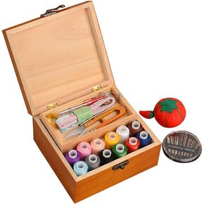 OLizee® Portable Wooden Sewing Kit Case Organizer Box Set for Home Travel, with Thread/Needles/Tape Measure/Scissors/Thimble and Other Accessories