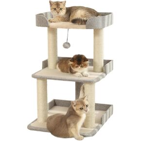 Durable Cat Scratching Post with Bed, Multi-Level 27.56in Cat Tree with Scratching Posts of Natural Sisal, All-Season Cat Tree for Indoor Large Cats, Kittens (Grey)