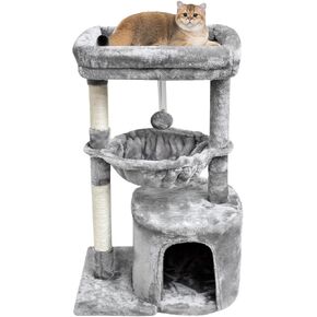 SYANDLVY Small Cat Tree for Indoor Cats, Activity Cat Tower with Scratching Post for Kittens, Modern Cat Furniture with Basket & Hanging Ball for Play Rest, Grey