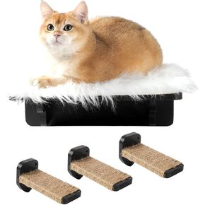 Cat Wall Shelves, 3 Steps Scratch Post, Cat Bed Hammock with Plush Covered for Indoor Cats
