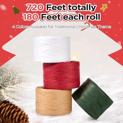 4 لفات من خيط خيوط الرافية من Sooez، ورق تغليف عيد الميلاد بطول 720 قدمًا للحرف اليدوية، شريط عيد الميلاد باللون الأحمر والأخضر والأبيض الطبيعي لتغليف الهدايا، غزل الرافية لإمدادات العطلات بنفسك، 180 قدمًا لكل لفة in Kuwait