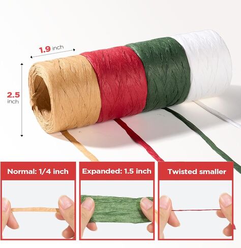 4 لفات من خيط خيوط الرافية من Sooez، ورق تغليف عيد الميلاد بطول 720 قدمًا للحرف اليدوية، شريط عيد الميلاد باللون الأحمر والأخضر والأبيض الطبيعي لتغليف الهدايا، غزل الرافية لإمدادات العطلات بنفسك، 180 قدمًا لكل لفة in Kuwait