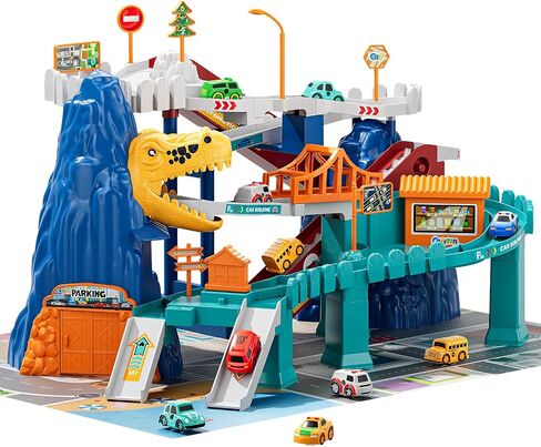 TEMI Boys Dinosaur Race Track Playset, Kids Car Garage Parking Adventure Toy with 10 Mini Cars, Educational Toy Ramp Playset for 3 4 5 7 8 Year Old Toddler Boys Preschool Girls in Kuwait