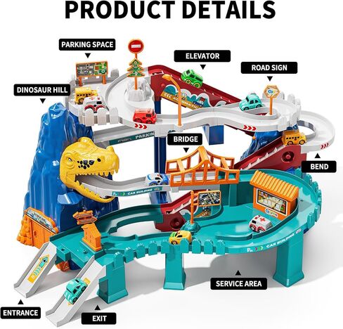 TEMI Boys Dinosaur Race Track Playset, Kids Car Garage Parking Adventure Toy with 10 Mini Cars, Educational Toy Ramp Playset for 3 4 5 7 8 Year Old Toddler Boys Preschool Girls in Kuwait