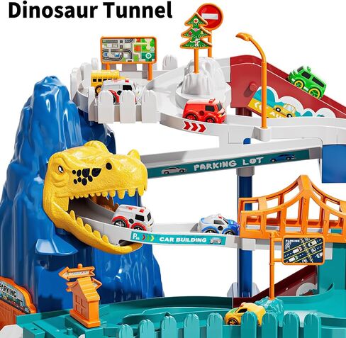 TEMI Boys Dinosaur Race Track Playset, Kids Car Garage Parking Adventure Toy with 10 Mini Cars, Educational Toy Ramp Playset for 3 4 5 7 8 Year Old Toddler Boys Preschool Girls in Kuwait
