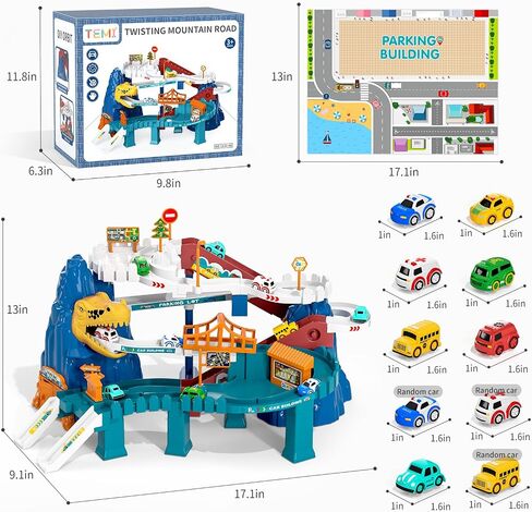 TEMI Boys Dinosaur Race Track Playset, Kids Car Garage Parking Adventure Toy with 10 Mini Cars, Educational Toy Ramp Playset for 3 4 5 7 8 Year Old Toddler Boys Preschool Girls in Kuwait