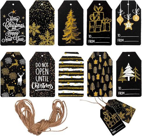 Whaline Christmas Paper Gift Tags Glitter Black Merry Christmas Tags with Jute Twine 10 Designs Holiday Hanging Labels Name Tags for Winter Xmas DIY Gifts Party Favor Decoration, 100 Pack in Saudi Arabia