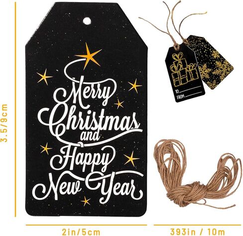 Whaline Christmas Paper Gift Tags Glitter Black Merry Christmas Tags with Jute Twine 10 Designs Holiday Hanging Labels Name Tags for Winter Xmas DIY Gifts Party Favor Decoration, 100 Pack in Saudi Arabia