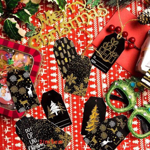 Whaline Christmas Paper Gift Tags Glitter Black Merry Christmas Tags with Jute Twine 10 Designs Holiday Hanging Labels Name Tags for Winter Xmas DIY Gifts Party Favor Decoration, 100 Pack in Saudi Arabia