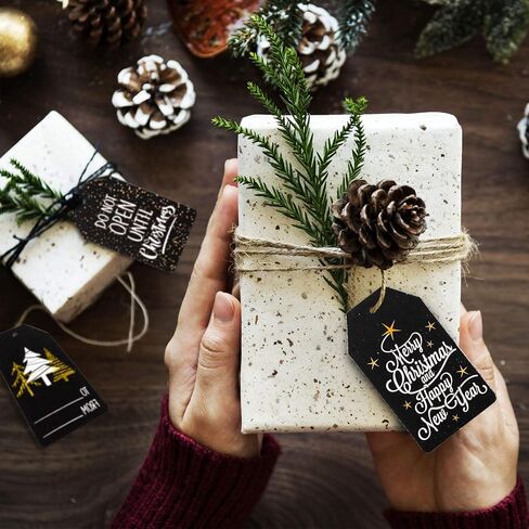 Whaline Christmas Paper Gift Tags Glitter Black Merry Christmas Tags with Jute Twine 10 Designs Holiday Hanging Labels Name Tags for Winter Xmas DIY Gifts Party Favor Decoration, 100 Pack in Saudi Arabia