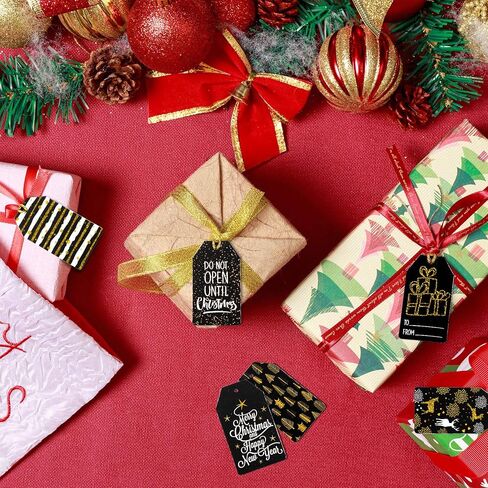 Whaline Christmas Paper Gift Tags Glitter Black Merry Christmas Tags with Jute Twine 10 Designs Holiday Hanging Labels Name Tags for Winter Xmas DIY Gifts Party Favor Decoration, 100 Pack in Saudi Arabia