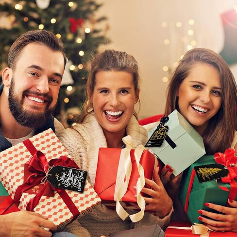 Whaline Christmas Paper Gift Tags Glitter Black Merry Christmas Tags with Jute Twine 10 Designs Holiday Hanging Labels Name Tags for Winter Xmas DIY Gifts Party Favor Decoration, 100 Pack in Saudi Arabia