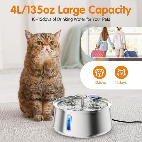 Cat Water Fountain, 3.2L/108oz Upgraded Stainless Steel Pet Water Fountain for Cats Inside Drinking, Automatic Dog Cat Water Bowl Dispenser with Water Level Window in Saudi Arabia