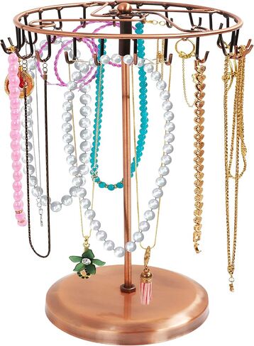 14" Copper Metal Rotating Jewelery Holder Display Stand (23 Hooks) - Hanging Organiser Tower Rack - Storage for Necklaces & Bracelets, Rings & Earrings in Saudi Arabia