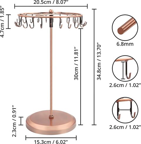 14" Copper Metal Rotating Jewelery Holder Display Stand (23 Hooks) - Hanging Organiser Tower Rack - Storage for Necklaces & Bracelets, Rings & Earrings in Saudi Arabia