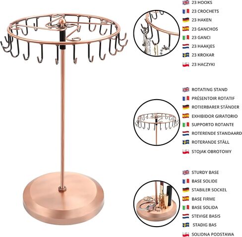 14" Copper Metal Rotating Jewelery Holder Display Stand (23 Hooks) - Hanging Organiser Tower Rack - Storage for Necklaces & Bracelets, Rings & Earrings in Saudi Arabia
