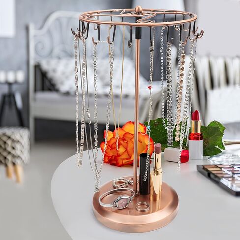 14" Copper Metal Rotating Jewelery Holder Display Stand (23 Hooks) - Hanging Organiser Tower Rack - Storage for Necklaces & Bracelets, Rings & Earrings in Saudi Arabia