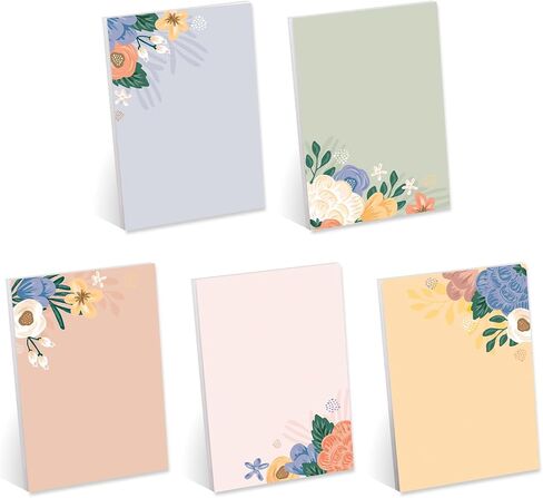 Simple Floral Sticky Note Pad Assortment/Set of 5 Pastel Note Pads / 4" x 6" Botanical Sticky Note Pads / 50 Sheets Per Pad/Made in USA in Kuwait