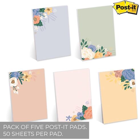 Simple Floral Sticky Note Pad Assortment/Set of 5 Pastel Note Pads / 4" x 6" Botanical Sticky Note Pads / 50 Sheets Per Pad/Made in USA in Kuwait