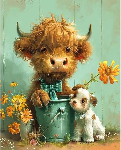 Highland Cow and Dog Paint by Numbers Kit for Adults,Cute Animals Acrylic and Flowers Adult Paint by Number Kits on Canvas,Simple Paint by Numbers Kit for Beginners,Home Wall Decor,16x20Inch. in Saudi Arabia