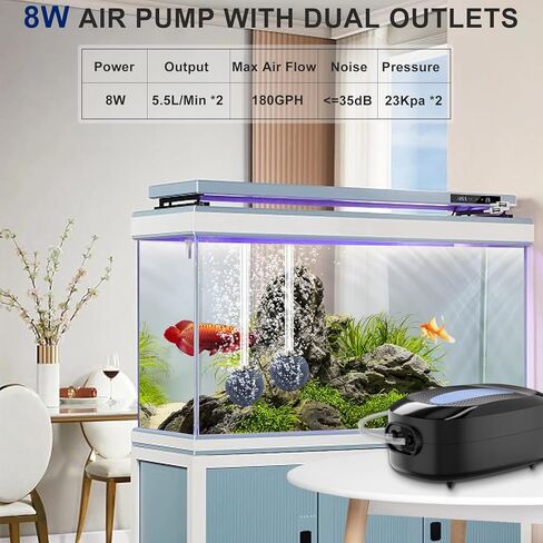 bedee 180GPH مضخة هواء قوية لحوض السمك 8 وات مضخة هواء صامتة لحوض السمك قابلة للتعديل لخزان الأسماك بسعة 20-200 جالون مضخة أكسجين لخزان مهوية أسماك كبيرة الحجم in Kuwait