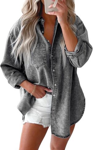 Astylish Womens Denim Shirt Button Down V Neck Long Sleeve Blouse Casual Top in Kuwait