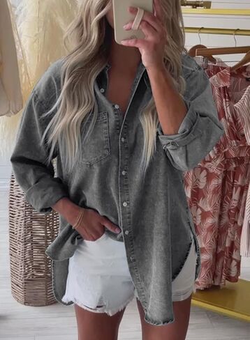 Astylish Womens Denim Shirt Button Down V Neck Long Sleeve Blouse Casual Top in Kuwait
