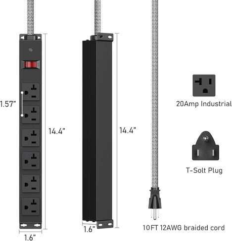 20 Amp Power Strip with 5-20P/T- Plug, Heavy Duty High Amp Metal Surge Protector, Mountable Industrial Power Strip with 6AC Outlets(5-20R) and Circuit Breaker, 6FT 12AWG Extension Cord in Kuwait