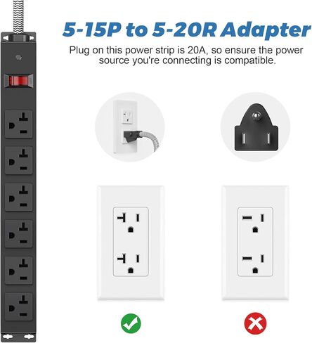 20 Amp Power Strip with 5-20P/T- Plug, Heavy Duty High Amp Metal Surge Protector, Mountable Industrial Power Strip with 6AC Outlets(5-20R) and Circuit Breaker, 6FT 12AWG Extension Cord in Kuwait