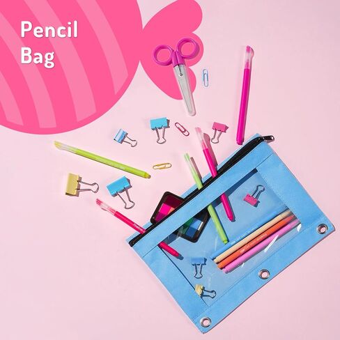 Forvencer Pencil Pouch for 3 Ring Binder, Binder Pencil Case with Smooth Zipper, Clear Window Pencil Case for Binder, Big Capacity 3 Ring Binder Pencil Bag with 3 Reinforced Grommets, Pink in Kuwait