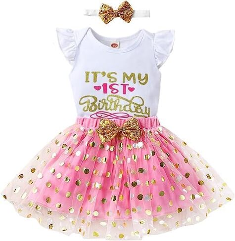 Baby Girls 1st First Birthday Outfits Cotton Romper TuTu Skirt Set with Sequins Bowknot Headband 3Pcs in Saudi Arabia