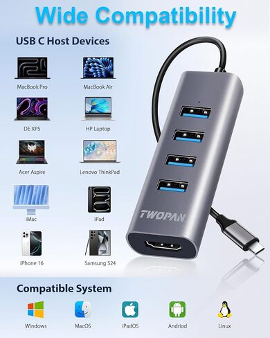 TWOPAN USB-C Hub with 4K HDMI, 4 USB 3.0 Ports, 5Gbps Data Transfer – Ultra-Compact Aluminum Adapter for MacBook, iPad Pro, XPS, Surface, ThinkPad & USB-C Laptops in Saudi Arabia