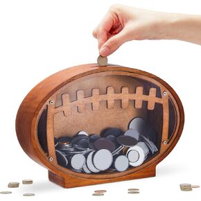 Wooden Football Piggy Bank for Kids Clear Piggy Bank with Transparent Window Cute Coin Bank for Boys Girls and Adults Unbreakable Toddler Money Bank for Christmas Birthday Gift Baby Shower