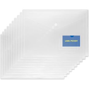 10 Plastic Envelopes with Snap Closure & Label Pocket - Clear - Document Folders, Document Organizer for School, Office Supplies
