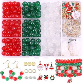 Christmas 8mm Glass Beads for Jewelry Making, 300 Pcs Crystal Beads for Bracelets Making, Christmas Beads for Craft Gifts, Round Beads DIY Craft for Teen Adults