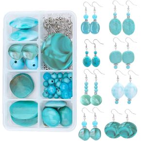 SUNNYCLUE 1 Box DIY 8 Pairs Acrylic Bead Drop Earrings Making Kits Flat Round Oval Rectangle Square Acrylic Beads & Synthetical Turquoise Beads & Earring Hooks for Beginner