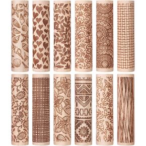 12 Pcs Clay Modeling Pattern Rollers Kit Polymer Clay Roller Wooden Polymer Clay Texture Roller Pottery Polymer Clay Tools Handmade Clay Rolling Pin for Pottery Ceramics DIY Handcrafts